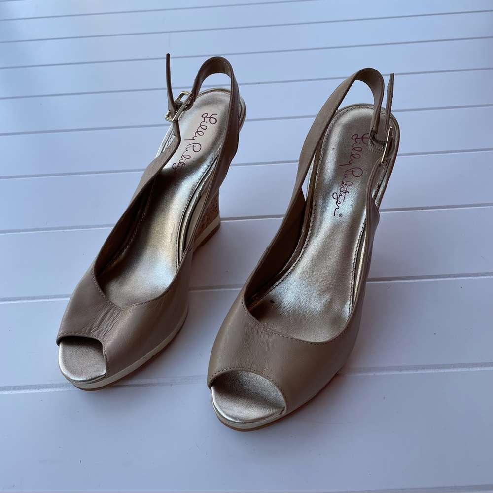 Lilly Pulitzer Kristin Cork Wedge Tan Peep Toe Gold Metallic Adjustable Strap